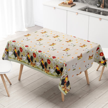 Wachstuch Tischdecke Bauernhof Hühner beige