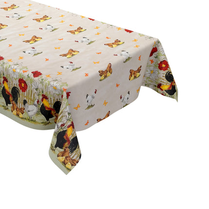 Wachstuch Tischdecke Bauernhof Hühner beige