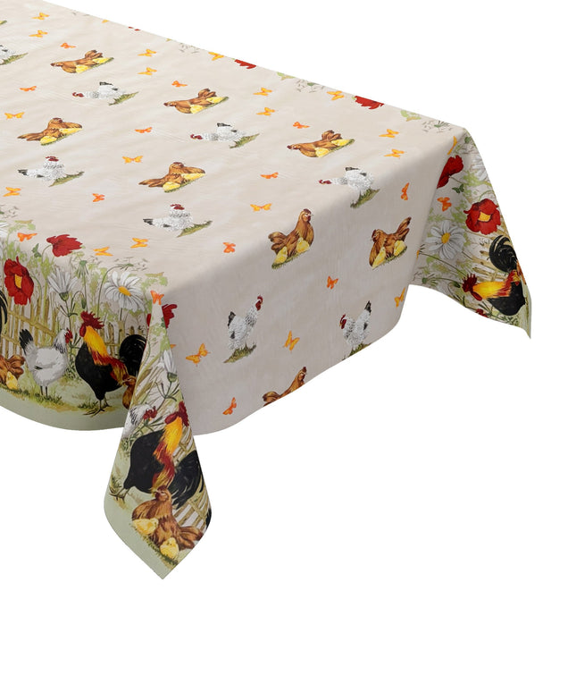 Wachstuch Tischdecke Bauernhof Hühner beige