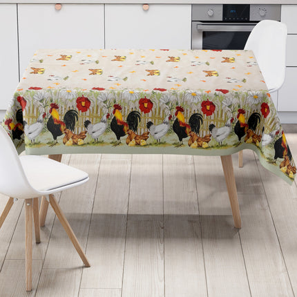 Wachstuch Tischdecke Bauernhof Hühner beige