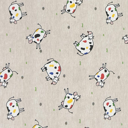 Jacquard-Tischdecke aus beschichteter Baumwolle in Natur mit buntem Kuhmotiv, fleckenabweisend.