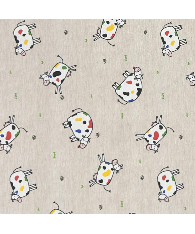 Jacquard-Tischdecke aus beschichteter Baumwolle in Natur mit buntem Kuhmotiv, fleckenabweisend.