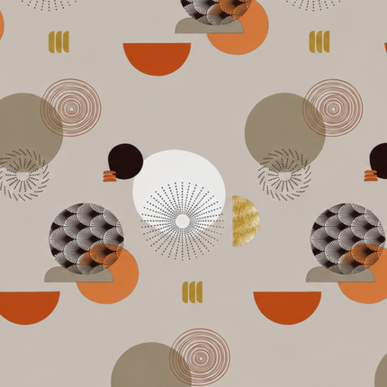 Wachstuch-Tischdecke mit modernem Retro-Kreismuster in Taupe, Beige, Terrakotta und Senfgelb. Abwaschbare Tischdecke mit geometrischem Design für Küche, Esszimmer, Balkon und Garten.