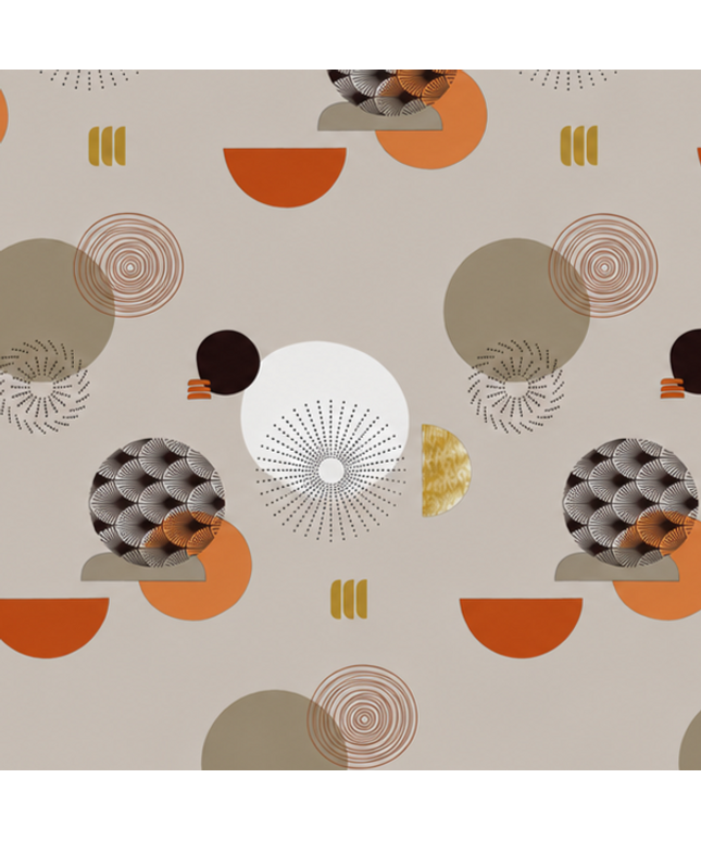 Wachstuch-Tischdecke mit modernem Retro-Kreismuster in Taupe, Beige, Terrakotta und Senfgelb. Abwaschbare Tischdecke mit geometrischem Design für Küche, Esszimmer, Balkon und Garten.