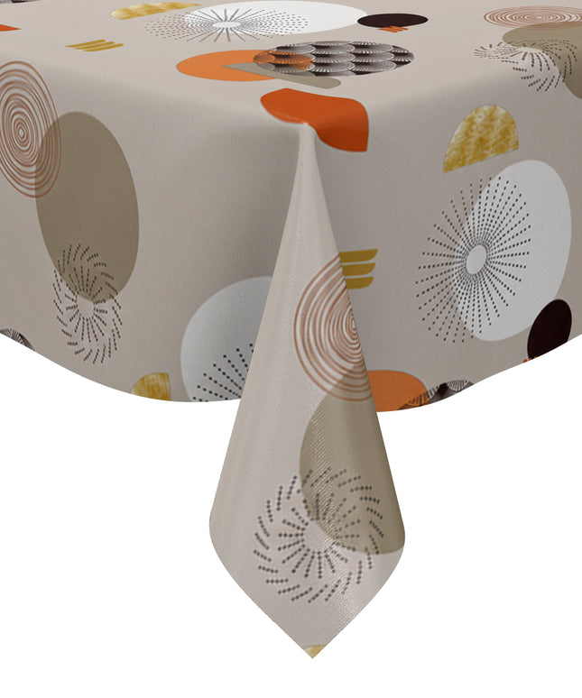 Wachstuch-Tischdecke mit modernem Retro-Kreismuster in Taupe, Beige, Terrakotta und Senfgelb. Abwaschbare Tischdecke mit geometrischem Design für Küche, Esszimmer, Balkon und Garten.