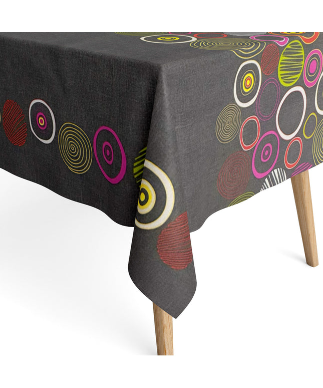Jacquard Tischdecke aus beschichteter Baumwolle mit Fleckenschutz DUNE24 grau bunte Kreise Linien eckig rund oval