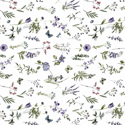 Weiße Wachstuch-Tischdecke mit zartem Wiesenblumen-Muster aus Wildblumen, Gräsern, Schmetterlingen und Libellen in sanften Violett-, Blau- und Grüntönen.
