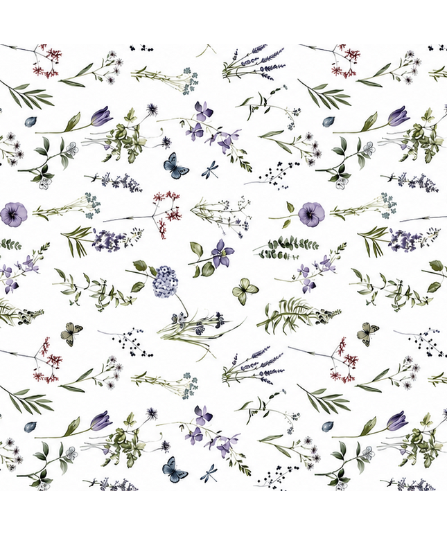 Weiße Wachstuch-Tischdecke mit zartem Wiesenblumen-Muster aus Wildblumen, Gräsern, Schmetterlingen und Libellen in sanften Violett-, Blau- und Grüntönen.