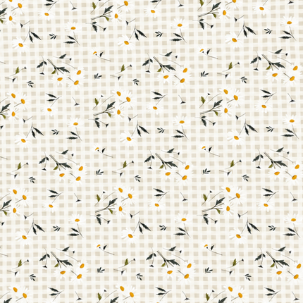 Beige-cremefarbene Wachstuch-Tischdecke mit feinem Karomuster und zarten weißen Margeriten, gelben Blütenmitten sowie filigranen grün-grauen Blättern im harmonischen Landhausdesign.