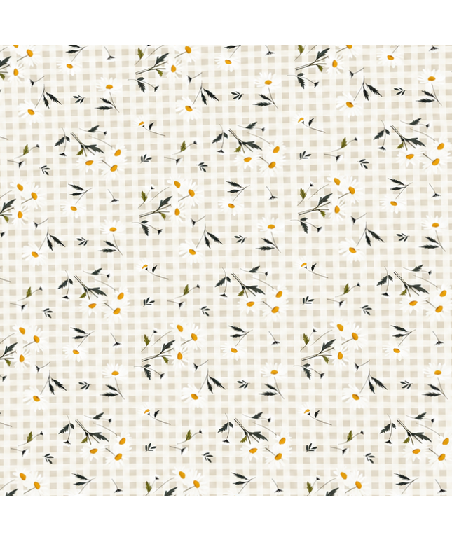 Beige-cremefarbene Wachstuch-Tischdecke mit feinem Karomuster und zarten weißen Margeriten, gelben Blütenmitten sowie filigranen grün-grauen Blättern im harmonischen Landhausdesign.