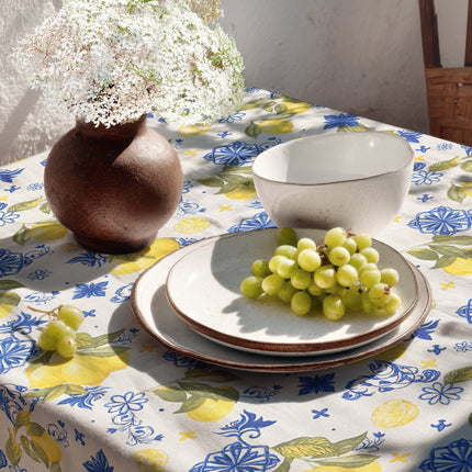 Jacquard Tischdecke aus beschichteter Baumwolle mit Fleckenschutz FEMMINELLO mediterran Mosaik Zitronen - Größe, Form und Einfassung frei wählbar