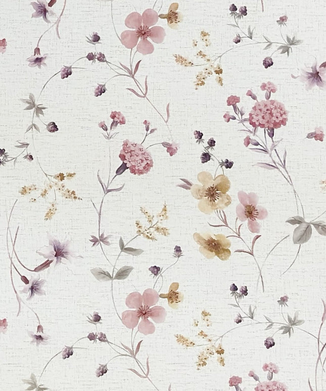 Rechteckige Wachstuch-Tischdecke mit zartem Streublumenmuster in Rosa, Flieder und Gelb auf cremeweißem Hintergrund. Filigrane Blüten, feine Zweige und kleine Blätter verleihen der Tischdecke eine romantische, leichte Ausstrahlung im Landhausstil.