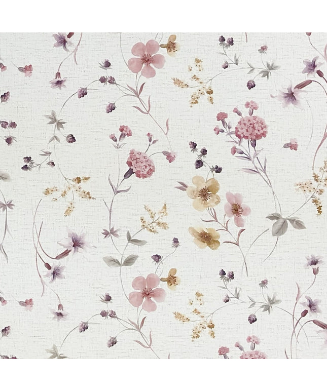 Rechteckige Wachstuch-Tischdecke mit zartem Streublumenmuster in Rosa, Flieder und Gelb auf cremeweißem Hintergrund. Filigrane Blüten, feine Zweige und kleine Blätter verleihen der Tischdecke eine romantische, leichte Ausstrahlung im Landhausstil.