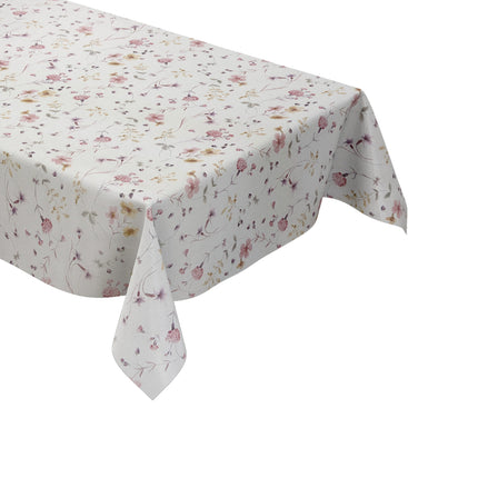 Rechteckige Wachstuch-Tischdecke mit zartem Streublumenmuster in Rosa, Flieder und Gelb auf cremeweißem Hintergrund. Filigrane Blüten, feine Zweige und kleine Blätter verleihen der Tischdecke eine romantische, leichte Ausstrahlung im Landhausstil.