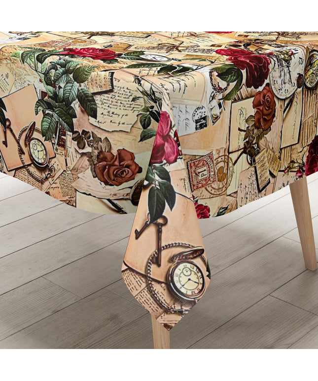 Wachstuch Tischdecke Postkarte Uhr Rosen