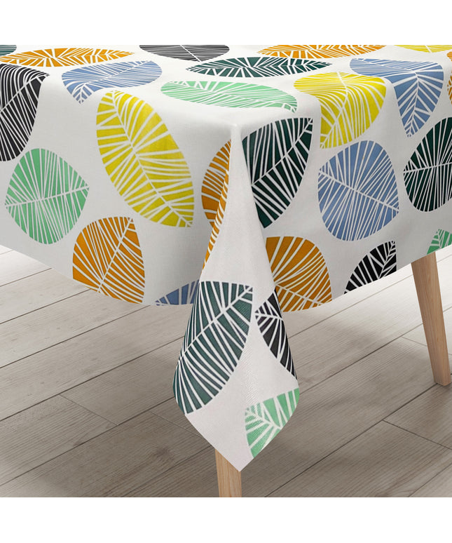 Wachstuch Tischdecke K150200 Laub bunte Blätter auf weiß eckig rund oval
