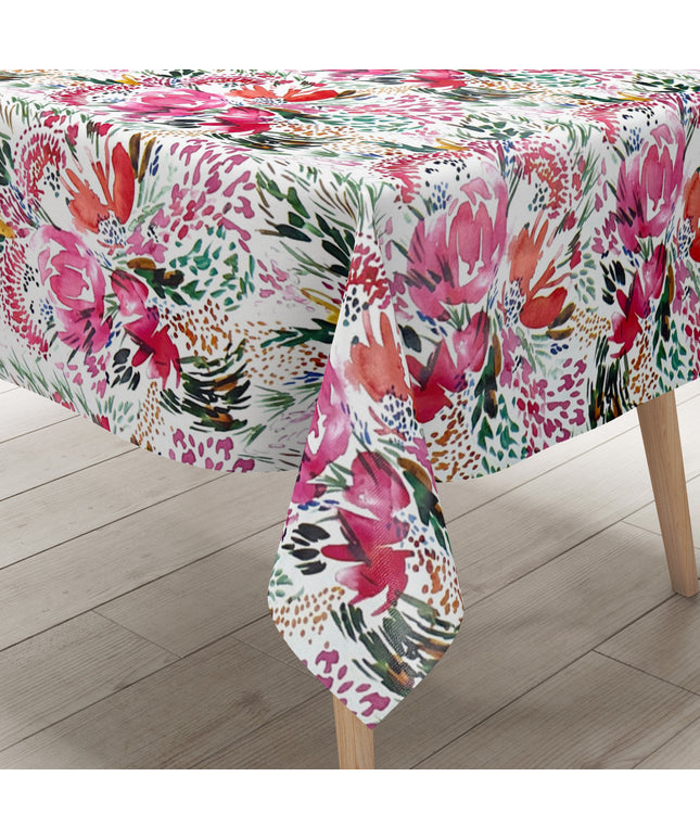 Wachstuch Tischdecke K150202 Blumenwiese rosa Blüten auf weiß eckig rund oval