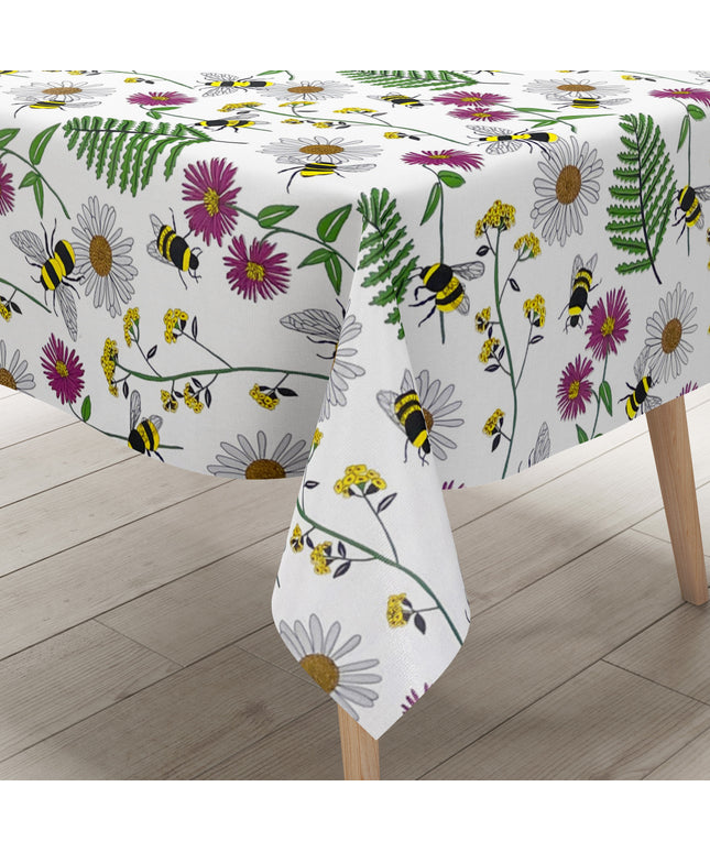 Wachstuch Tischdecke K150205 bunte Blüten und Bienen auf weiß eckig rund oval