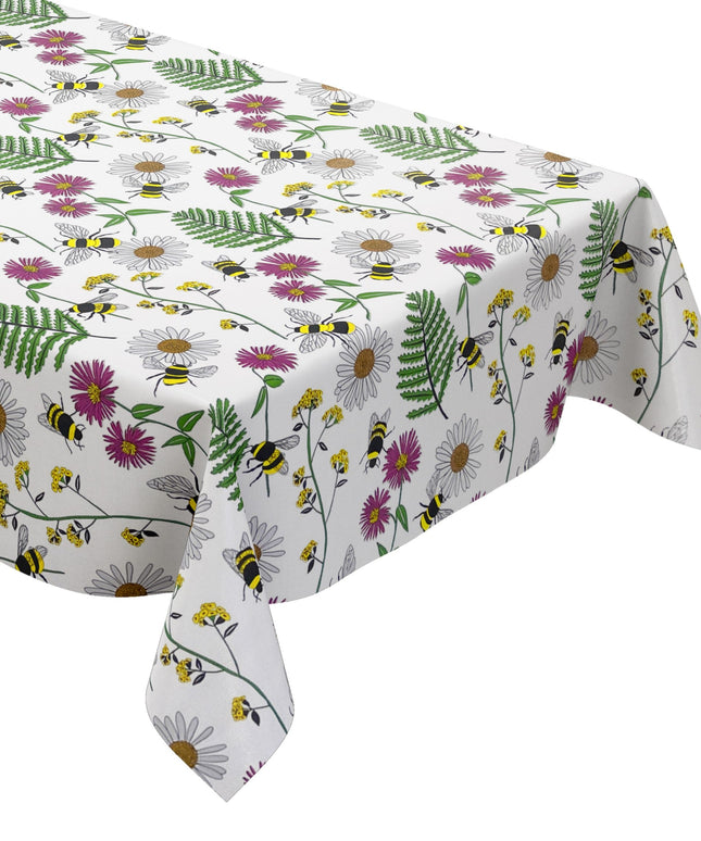 Wachstuch Tischdecke K150205 bunte Blüten und Bienen auf weiß eckig rund oval