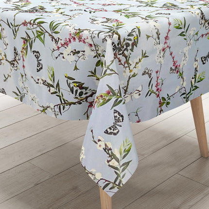 Wachstuch Tischdecke K150206 bunte Blüten und Schmetterlinge auf hellblau eckig rund oval