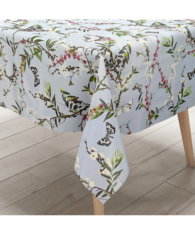 Wachstuch Tischdecke K150206 bunte Blüten und Schmetterlinge auf hellblau eckig rund oval