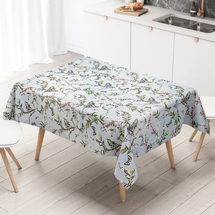 Wachstuch Tischdecke K150206 bunte Blüten und Schmetterlinge auf hellblau eckig rund oval