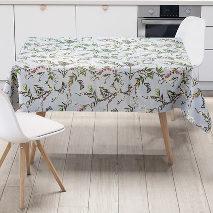 Wachstuch Tischdecke K150206 bunte Blüten und Schmetterlinge auf hellblau eckig rund oval