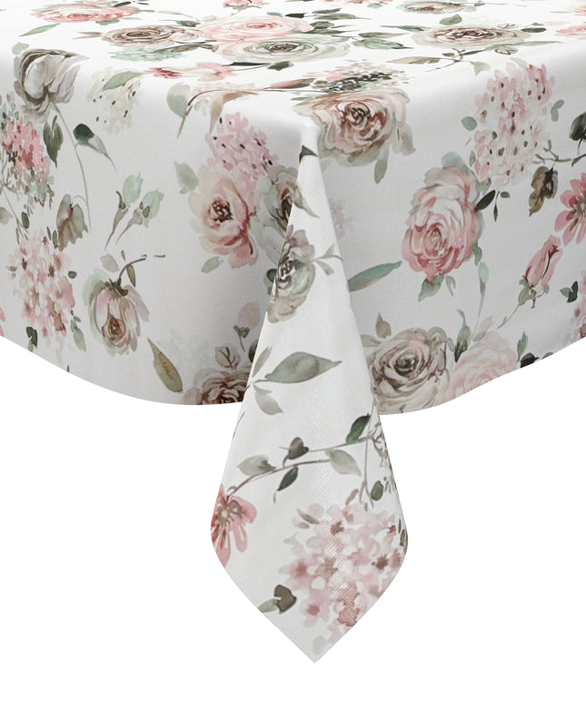 Wachstuch-Tischdecke mit romantischem Vintage-Blumenmuster auf hellem Hintergrund. Zarte Rosen, Hortensien und kleine Blüten in Rosa, Creme, Taupe und Grün sind im Aquarellstil dargestellt und von feinen Blättern ergänzt.