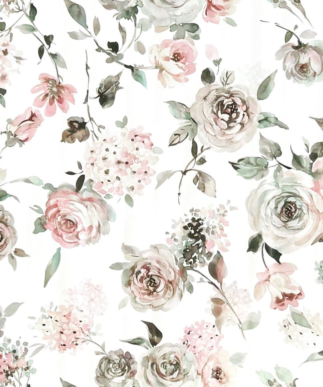 Wachstuch-Tischdecke mit romantischem Vintage-Blumenmuster auf hellem Hintergrund. Zarte Rosen, Hortensien und kleine Blüten in Rosa, Creme, Taupe und Grün sind im Aquarellstil dargestellt und von feinen Blättern ergänzt.