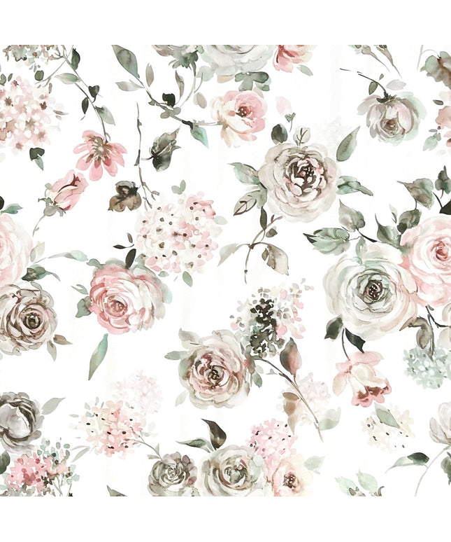 Wachstuch-Tischdecke mit romantischem Vintage-Blumenmuster auf hellem Hintergrund. Zarte Rosen, Hortensien und kleine Blüten in Rosa, Creme, Taupe und Grün sind im Aquarellstil dargestellt und von feinen Blättern ergänzt.