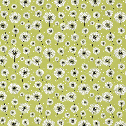 Wachstuch-Tischdecke mit weißen Pusteblumen in verschiedenen Größen auf hellgrünem Hintergrund. Schwarze Stiele und kleine weiße Punkte ergänzen das verspielte, natürliche Design mit leichter, frischer Ausstrahlung.