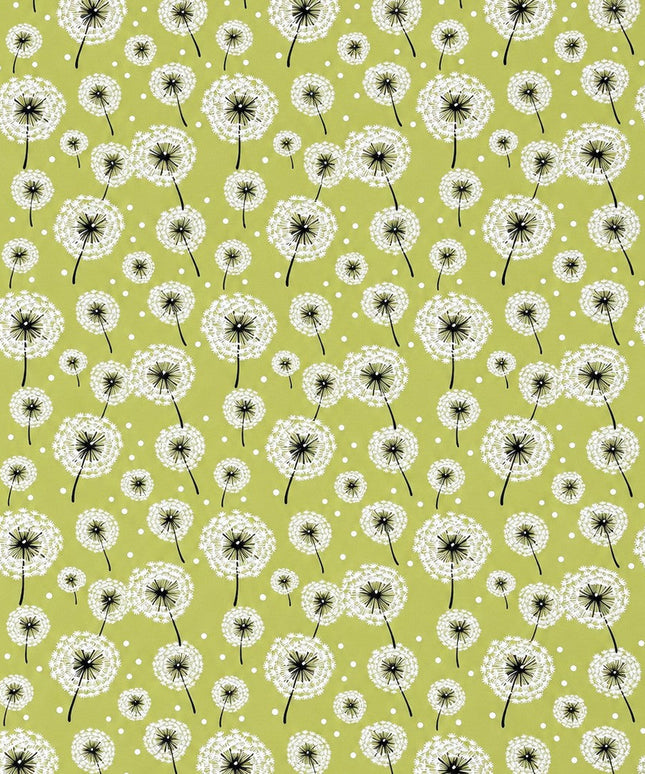 Wachstuch-Tischdecke mit weißen Pusteblumen in verschiedenen Größen auf hellgrünem Hintergrund. Schwarze Stiele und kleine weiße Punkte ergänzen das verspielte, natürliche Design mit leichter, frischer Ausstrahlung.