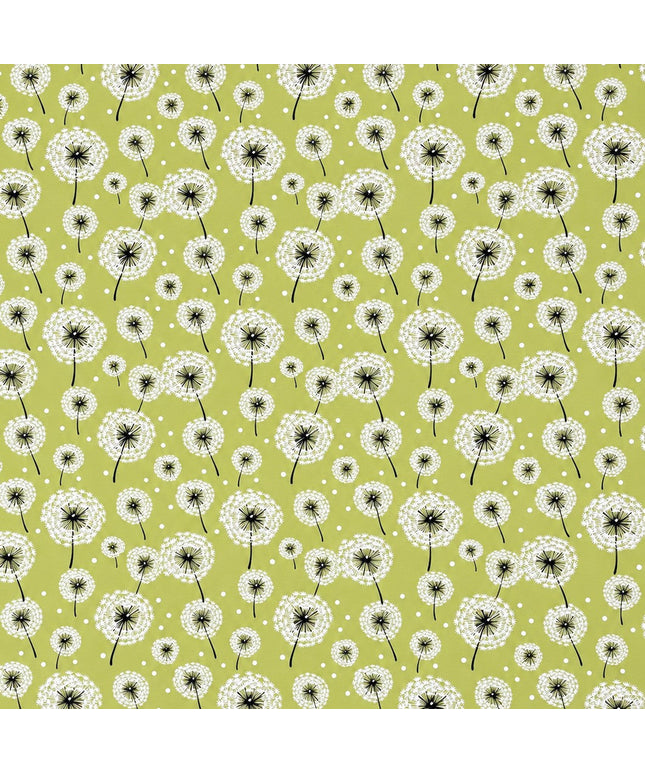 Wachstuch-Tischdecke mit weißen Pusteblumen in verschiedenen Größen auf hellgrünem Hintergrund. Schwarze Stiele und kleine weiße Punkte ergänzen das verspielte, natürliche Design mit leichter, frischer Ausstrahlung.