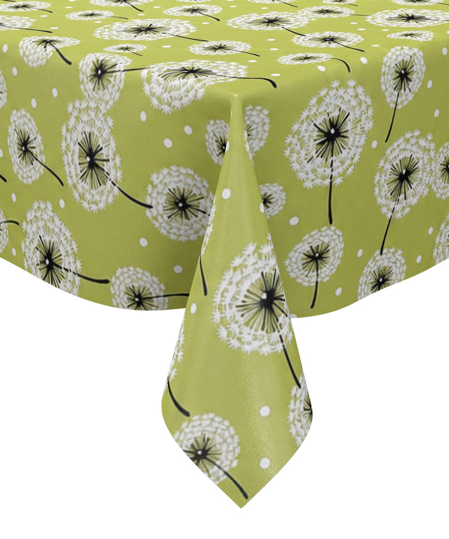 Wachstuch-Tischdecke mit weißen Pusteblumen in verschiedenen Größen auf hellgrünem Hintergrund. Schwarze Stiele und kleine weiße Punkte ergänzen das verspielte, natürliche Design mit leichter, frischer Ausstrahlung.
