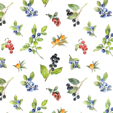 Wachstuch-Tischdecke mit Aquarell-Beerenmuster auf hellem Hintergrund. Zweige mit Heidelbeeren, Johannisbeeren, Holunderbeeren und Hagebutten in Blau, Rot, Schwarz und Orange sind gleichmäßig verteilt und von grünen Blättern ergänzt.
