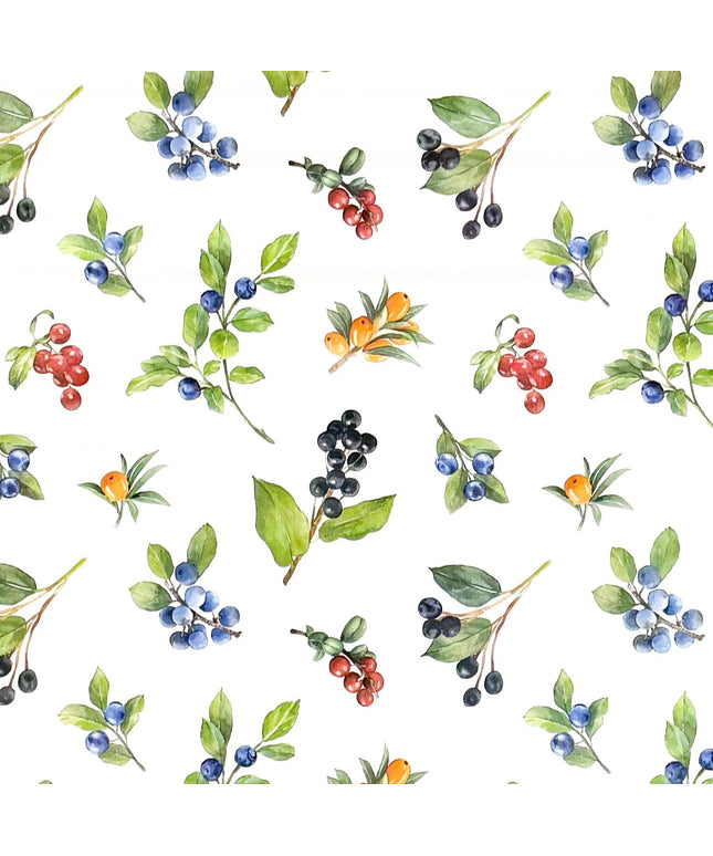 Wachstuch-Tischdecke mit Aquarell-Beerenmuster auf hellem Hintergrund. Zweige mit Heidelbeeren, Johannisbeeren, Holunderbeeren und Hagebutten in Blau, Rot, Schwarz und Orange sind gleichmäßig verteilt und von grünen Blättern ergänzt.