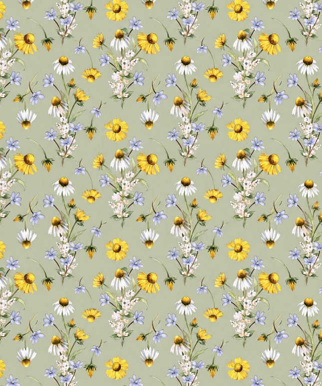 Wachstuch-Tischdecke mit Wiesenblumenmuster auf salbeigrünem Hintergrund. Gelbe Blüten, weiße Margeriten, kleine blaue Blumen und zarte weiße Blütenzweige sind gleichmäßig verteilt und sorgen für eine frische, natürliche Ausstrahlung.