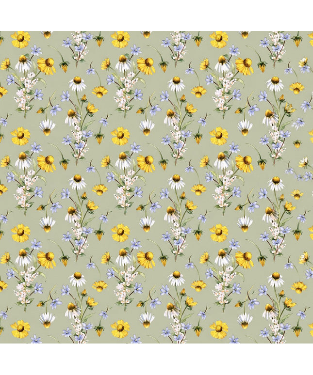 Wachstuch-Tischdecke mit Wiesenblumenmuster auf salbeigrünem Hintergrund. Gelbe Blüten, weiße Margeriten, kleine blaue Blumen und zarte weiße Blütenzweige sind gleichmäßig verteilt und sorgen für eine frische, natürliche Ausstrahlung.