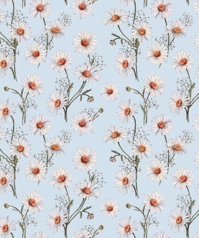 Wachstuch-Tischdecke mit weißen Margeriten und feinem Schleierkraut auf hellblauem Hintergrund. Orangefarbene Blütenmitten und grüne Stiele ergänzen das zarte, frische Blumenmuster mit sommerlicher Ausstrahlung.