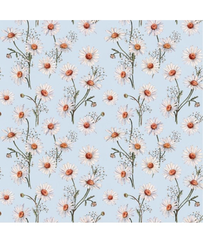 Wachstuch-Tischdecke mit weißen Margeriten und feinem Schleierkraut auf hellblauem Hintergrund. Orangefarbene Blütenmitten und grüne Stiele ergänzen das zarte, frische Blumenmuster mit sommerlicher Ausstrahlung.