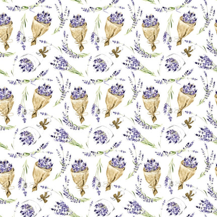Wachstuch-Tischdecke mit Lavendelmuster auf hellem Hintergrund. Violette Lavendelzweige, kleine Sträuße und in Papier gewickelte Lavendelbouquets sind gleichmäßig verteilt und werden durch grüne Stiele sowie braune Details ergänzt.