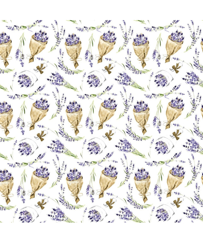 Wachstuch-Tischdecke mit Lavendelmuster auf hellem Hintergrund. Violette Lavendelzweige, kleine Sträuße und in Papier gewickelte Lavendelbouquets sind gleichmäßig verteilt und werden durch grüne Stiele sowie braune Details ergänzt.