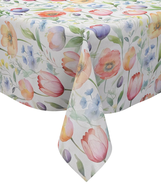 Wachstuch-Tischdecke mit zartem Aquarell-Blumenmuster auf hellem Hintergrund. Tulpen, Mohnblumen und kleine Blüten in Rosa, Orange, Gelb, Blau und Violett werden von grünen Blättern und feinen Zweigen ergänzt.
