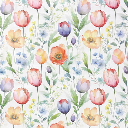 Wachstuch-Tischdecke mit zartem Aquarell-Blumenmuster auf hellem Hintergrund. Tulpen, Mohnblumen und kleine Blüten in Rosa, Orange, Gelb, Blau und Violett werden von grünen Blättern und feinen Zweigen ergänzt.