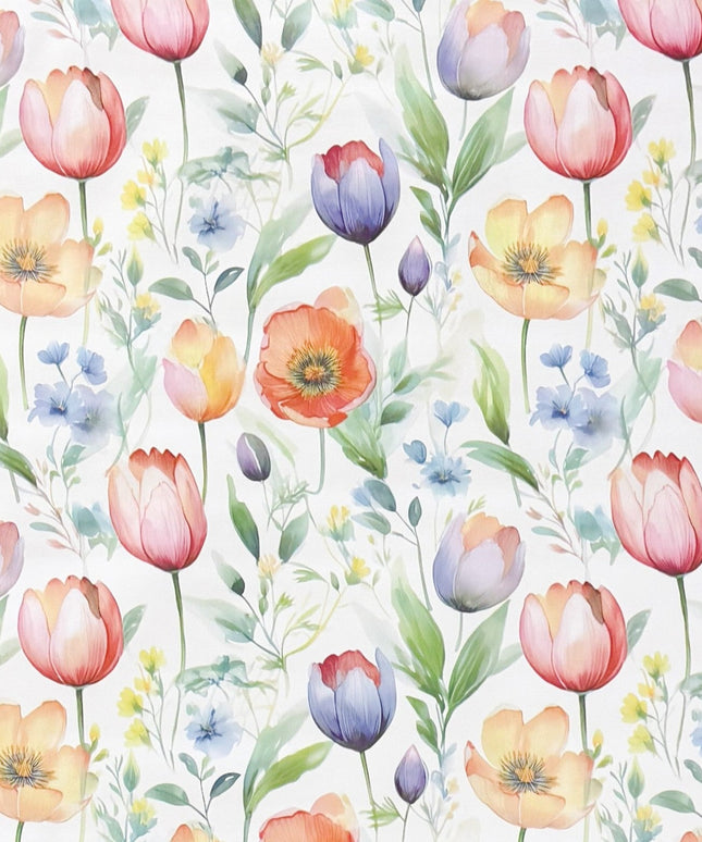 Wachstuch-Tischdecke mit zartem Aquarell-Blumenmuster auf hellem Hintergrund. Tulpen, Mohnblumen und kleine Blüten in Rosa, Orange, Gelb, Blau und Violett werden von grünen Blättern und feinen Zweigen ergänzt.