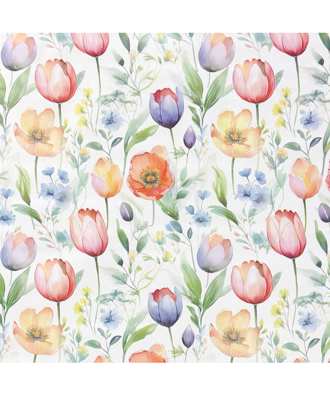 Wachstuch-Tischdecke mit zartem Aquarell-Blumenmuster auf hellem Hintergrund. Tulpen, Mohnblumen und kleine Blüten in Rosa, Orange, Gelb, Blau und Violett werden von grünen Blättern und feinen Zweigen ergänzt.