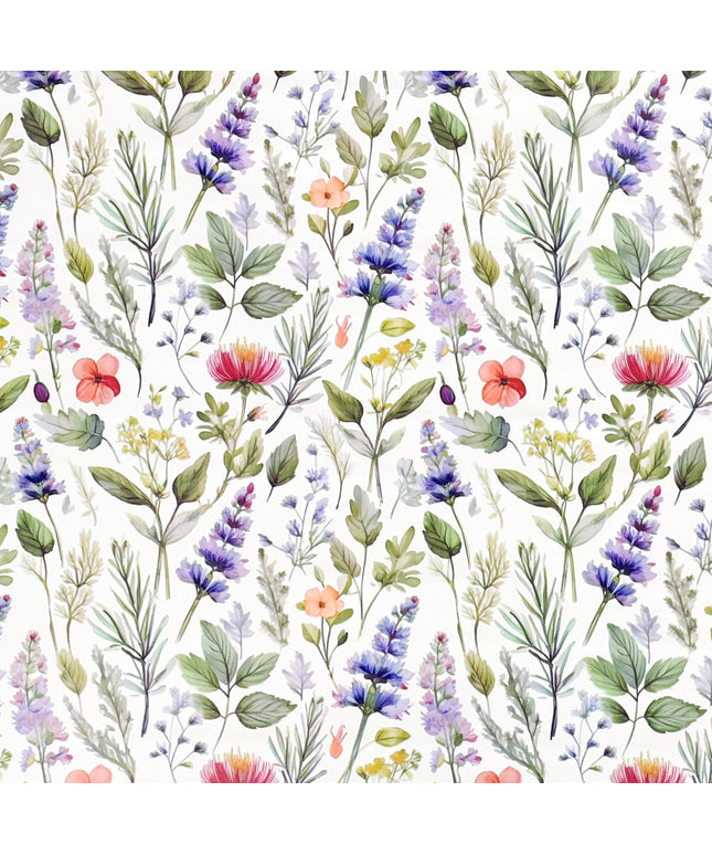 Wachstuch-Tischdecke mit filigranem Wildblumenmuster auf hellem Hintergrund. Zarte Blüten in Rosa, Lila, Blau, Gelb und Koralle werden von feinen grünen Blättern und Gräsern im Aquarellstil ergänzt.