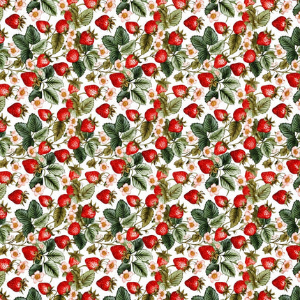 Wachstuch-Tischdecke mit dichtem Erdbeermuster auf hellem Hintergrund. Leuchtend rote Erdbeeren, grüne Blätter und zarte rosa-weiße Blüten sorgen für ein frisches, sommerliches und verspieltes Design.