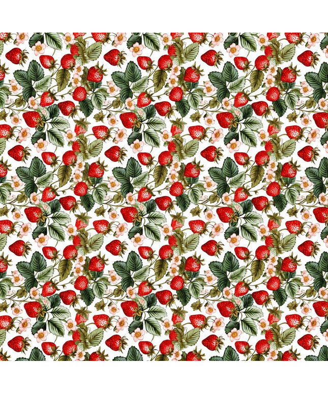Wachstuch-Tischdecke mit dichtem Erdbeermuster auf hellem Hintergrund. Leuchtend rote Erdbeeren, grüne Blätter und zarte rosa-weiße Blüten sorgen für ein frisches, sommerliches und verspieltes Design.