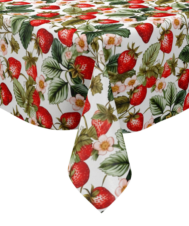 Wachstuch-Tischdecke mit dichtem Erdbeermuster auf hellem Hintergrund. Leuchtend rote Erdbeeren, grüne Blätter und zarte rosa-weiße Blüten sorgen für ein frisches, sommerliches und verspieltes Design.